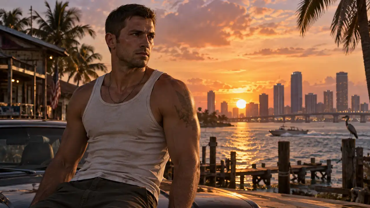 Jason Duval standing beside a car on the Leonida waterfront at sunset